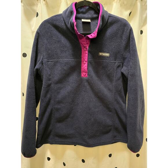 Columbia navy blue fleece pullover 1/4 snap purple trim collared jacket large - Picture 1 of 8